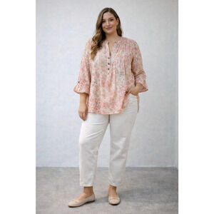 Cocomo 2X Pintuck Pleat Tunic Top Salmon Pink Popover Ditsy Floral Cottagecore
